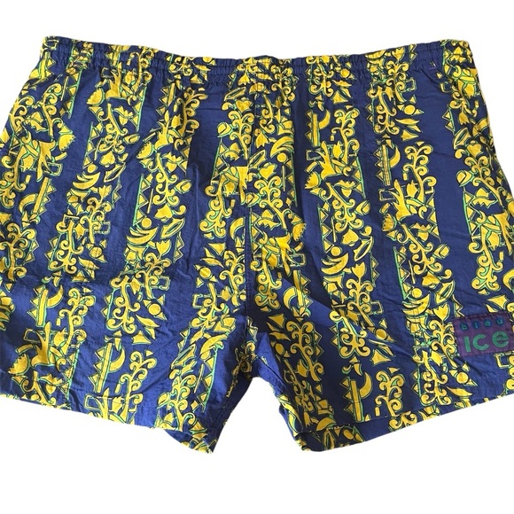90s Vintage Size Large Blue and Yellow Swim Trunks Bold - Picture 1 of 7